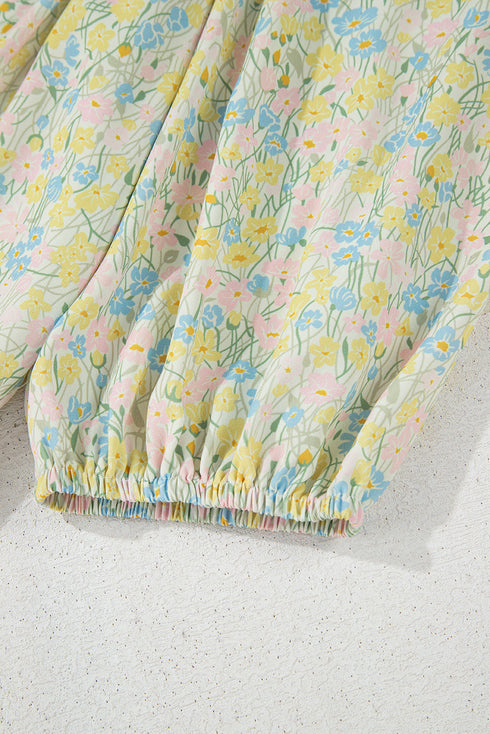 Charming Floral Print Frilled Half Sleeve U Neck A-Line Dress